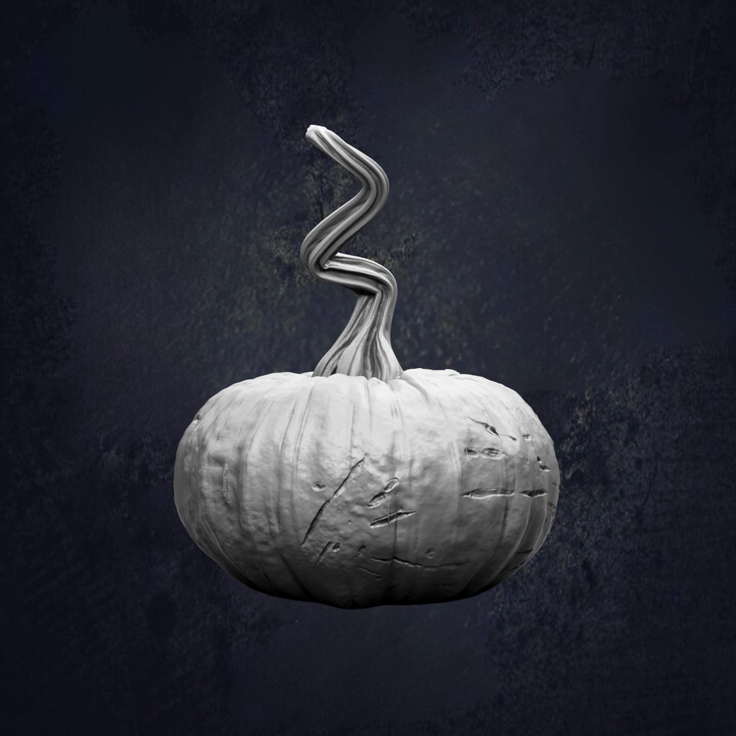 A white, textured pumpkin with a twisted stem stands against a dark background.
