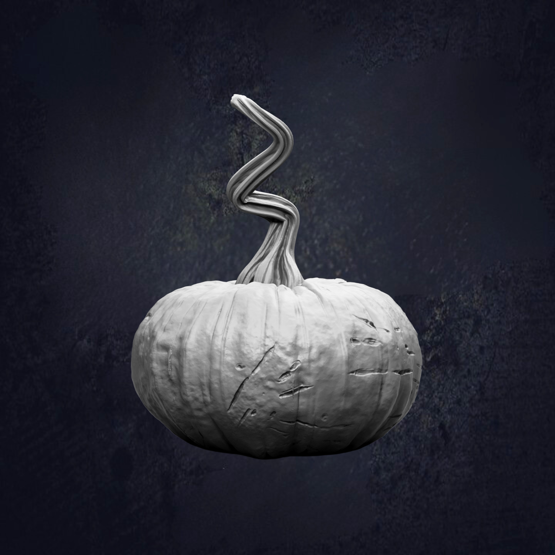A white, textured pumpkin with a twisted stem stands against a dark background.