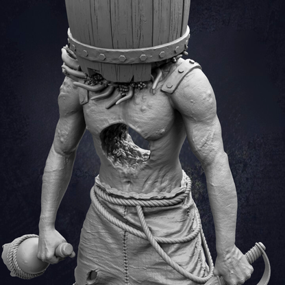 A detailed 3D rendering of a pirate-like figure with a barrel hat, holding a rope and a sword.