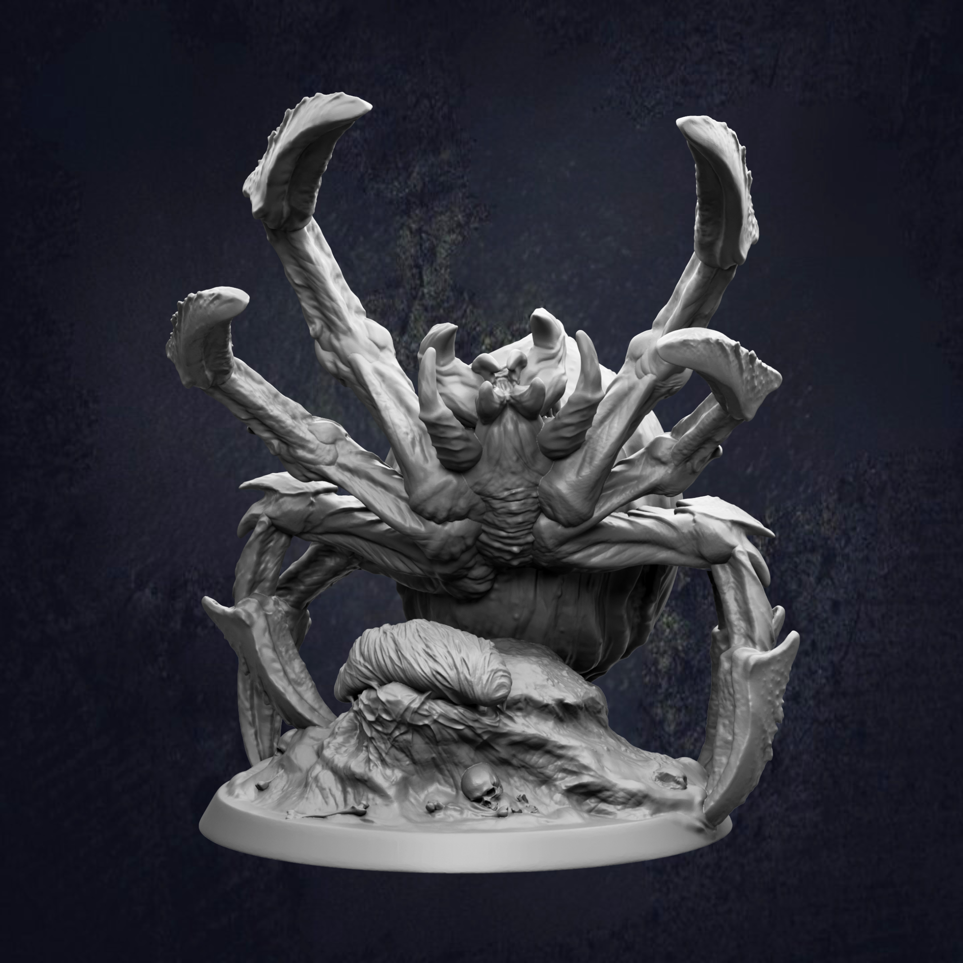 A detailed, intricate sculpture of a large, menacing-looking spider with multiple legs and sharp fangs, set against a dark background.