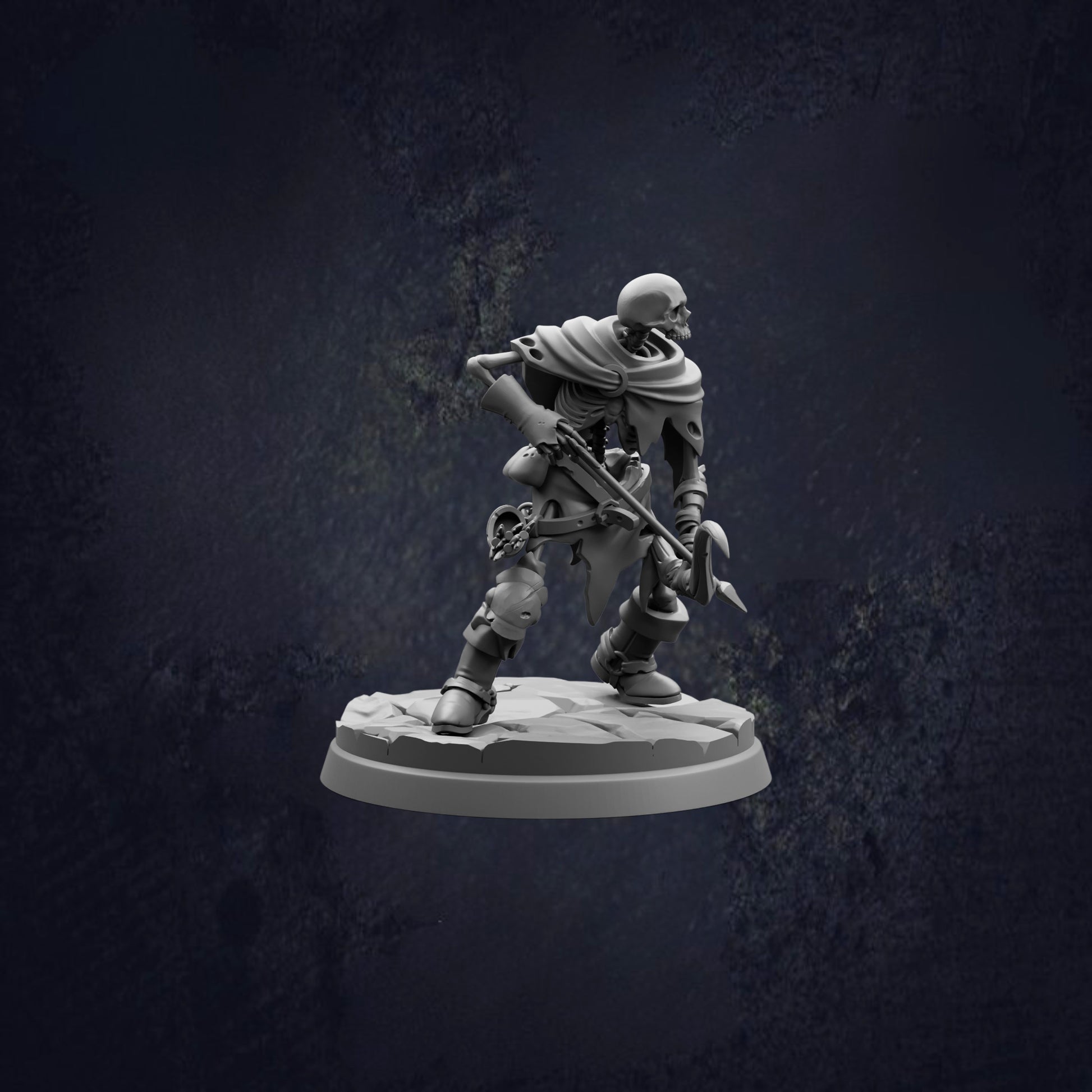 A 3D rendering of a skeletal figure holding a weapon, standing on a platform against a dark background.