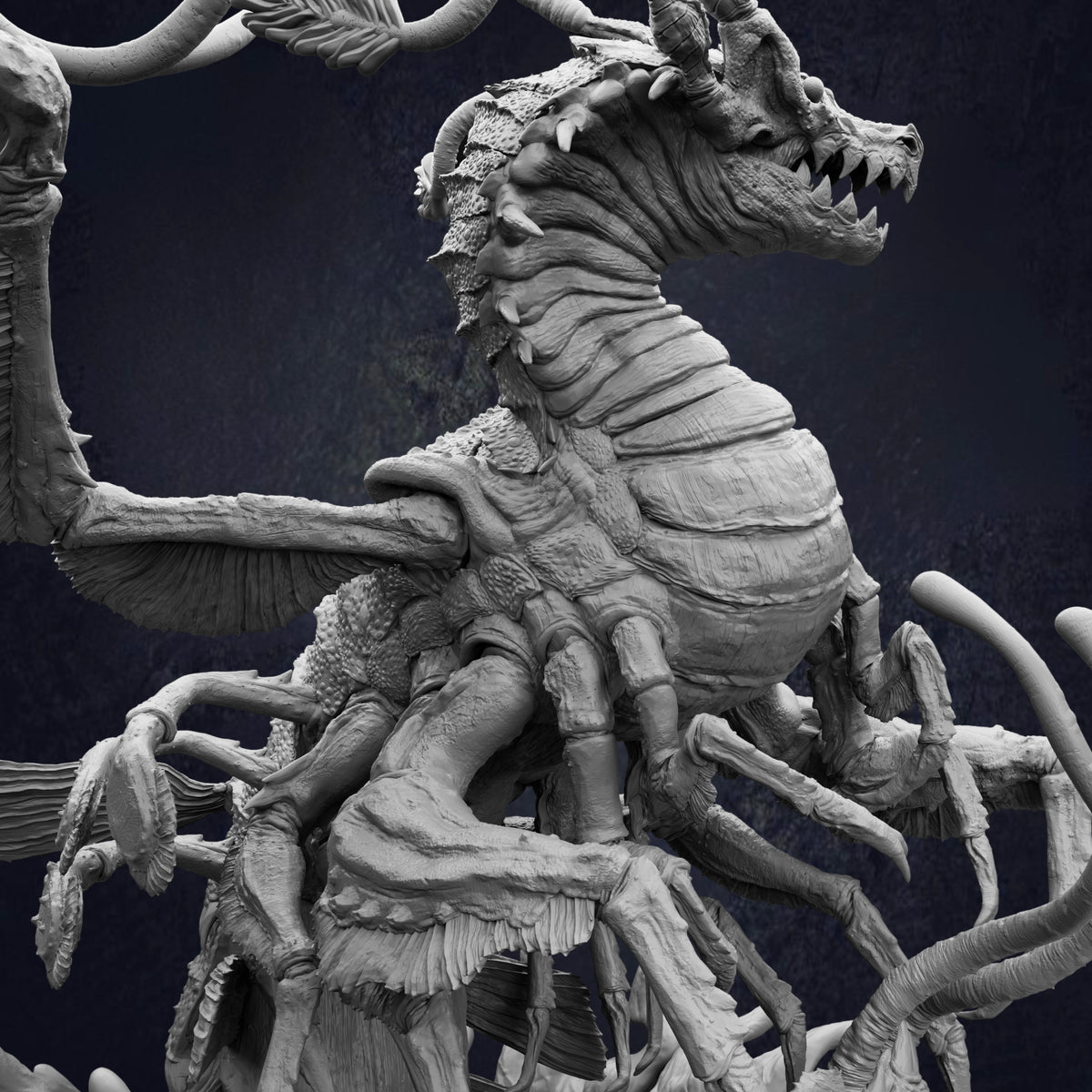 A detailed, intricate sculpture of a fantastical creature with a fierce expression, surrounded by a complex network of organic and mechanical elements.
