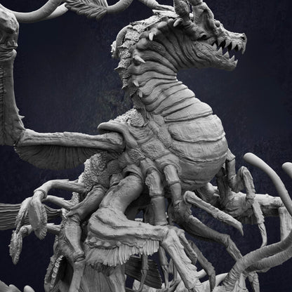 A detailed, intricate sculpture of a fantastical creature with a fierce expression, surrounded by a complex network of organic and mechanical elements.