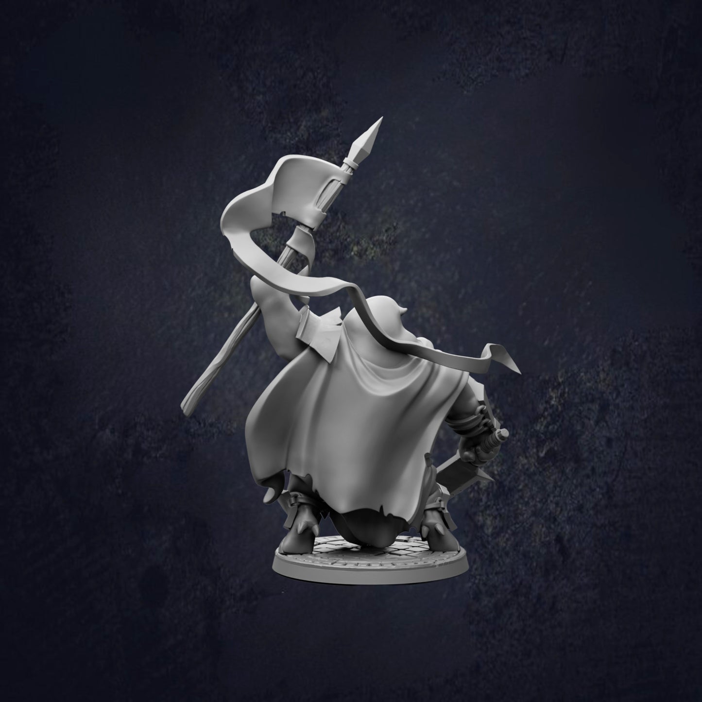 A 3D rendering of a figure holding a spear and a flag, standing on a platform against a dark background.