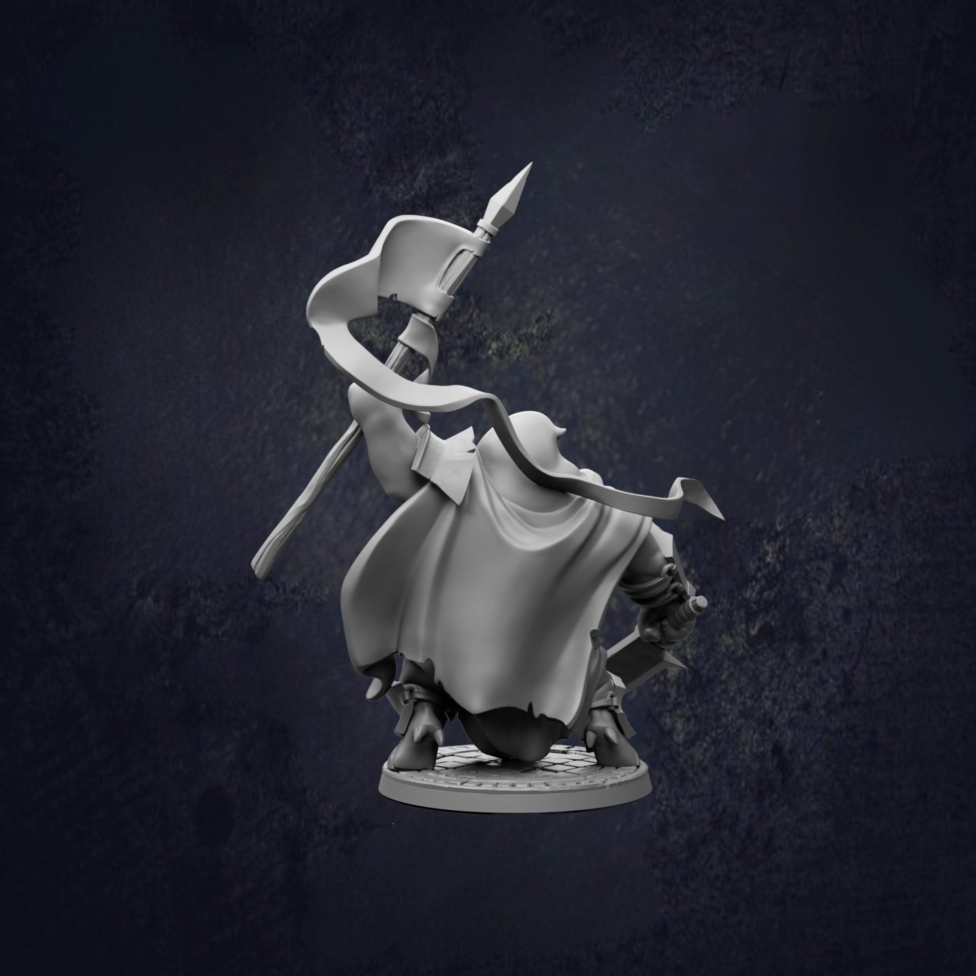 A 3D rendering of a figure holding a spear and a flag, standing on a platform against a dark background.