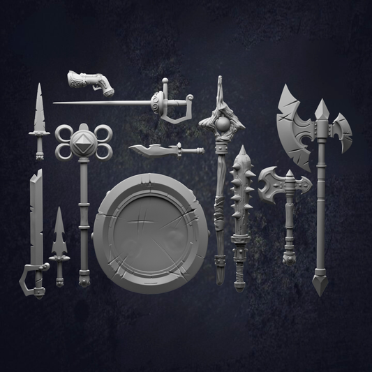 A collection of various fantasy weapons and armor pieces, including swords, spears, shields, and helmets, arranged against a dark background.