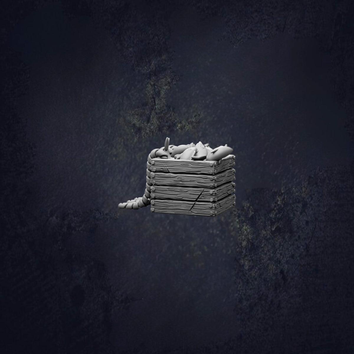 A stack of wooden planks or crates, possibly used for storage or transportation, is shown against a dark, moody background.