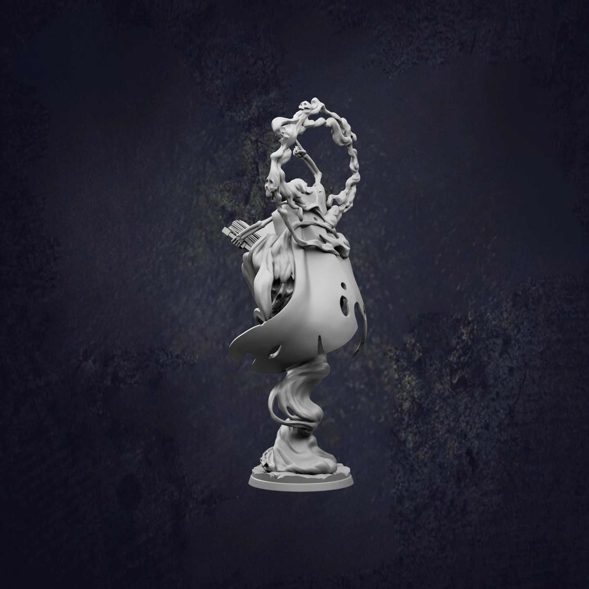 A 3D rendering of a ghost-like figure with a wreath-like structure on its head, standing on a pedestal against a dark background.