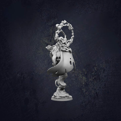 A 3D rendering of a ghost-like figure with a wreath-like structure on its head, standing on a pedestal against a dark background.