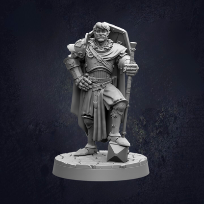 A detailed 3D model of a knight figure, standing on a pedestal and holding a shield and a sword.