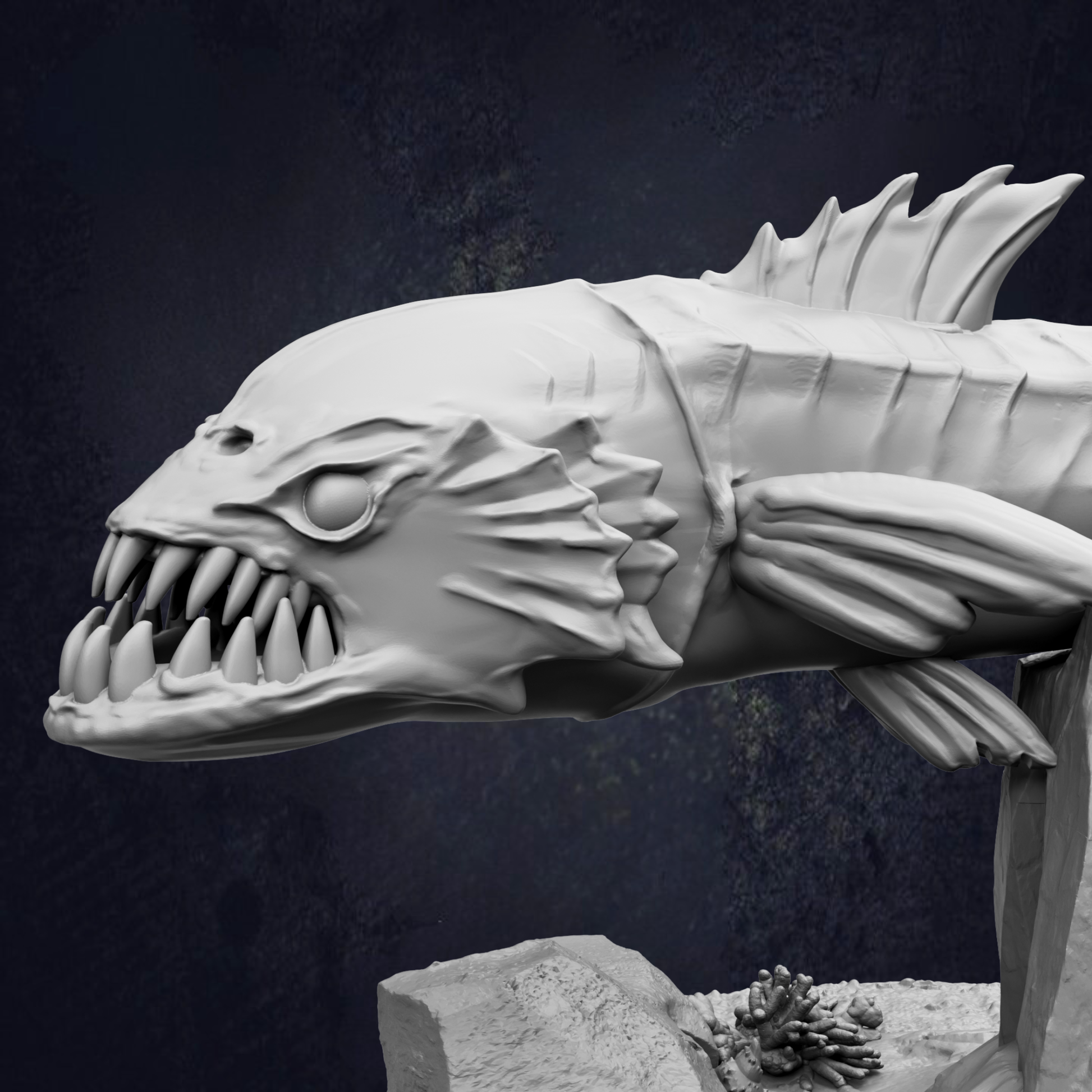 A large, menacing-looking fish sculpture with sharp teeth and a menacing expression, set against a dark background.