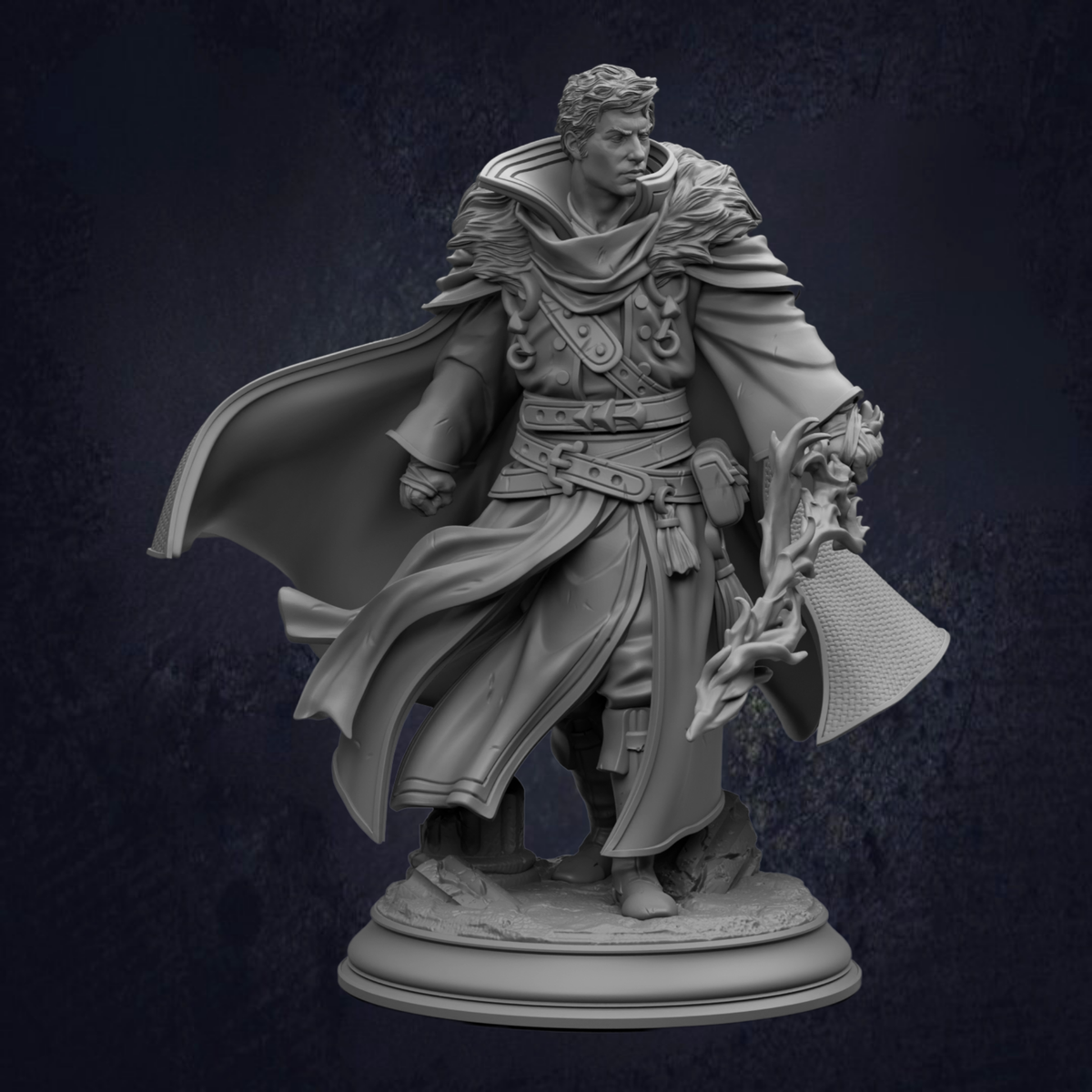 A detailed 3D model of a warrior figure, standing on a pedestal and holding a shield and sword.