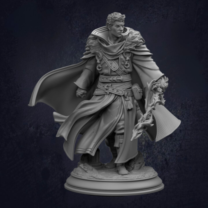 A detailed 3D model of a warrior figure, standing on a pedestal and holding a shield and sword.