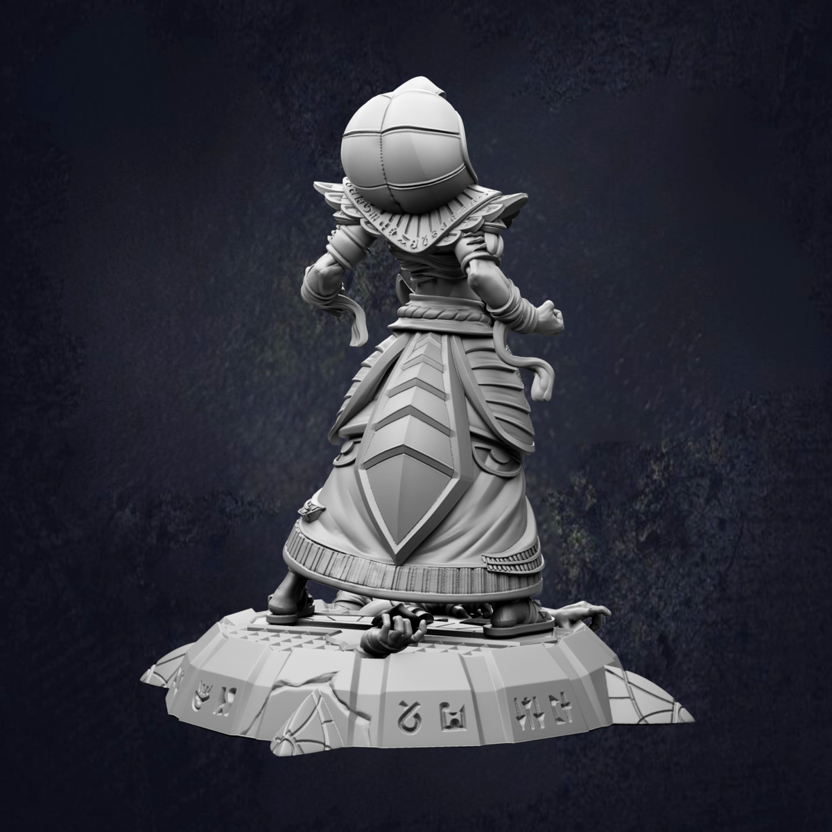 A 3D rendering of a character statue with a pointed hat, standing on a platform with various symbols and text.