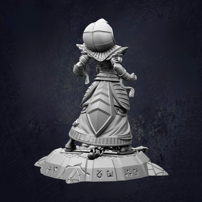 A 3D rendering of a character statue with a pointed hat, standing on a platform with various symbols and text.