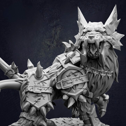 A detailed 3D rendering of a fierce-looking, armored creature with sharp teeth and claws, set against a dark background.