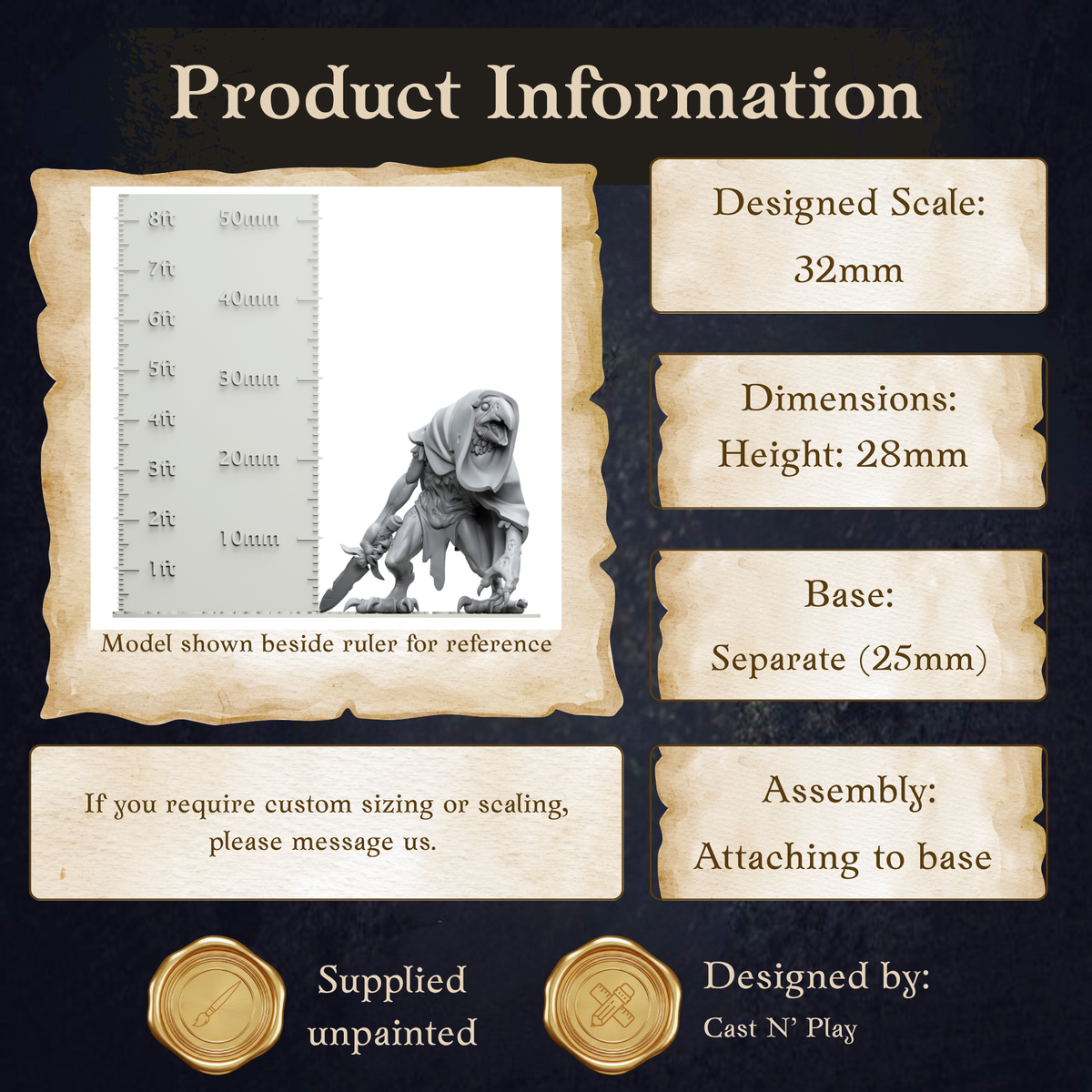 The image is a product information graphic that provides details about a model, including its dimensions, base, and assembly instructions.