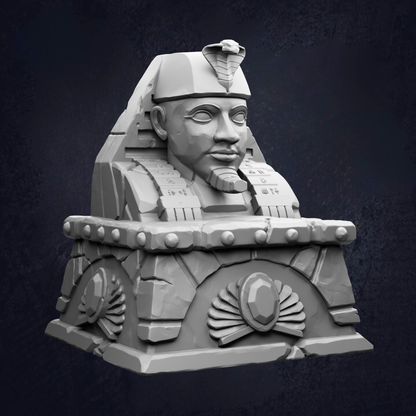 A 3D rendering of an ancient Egyptian pharaoh's head, depicted in a stylized and intricate manner.