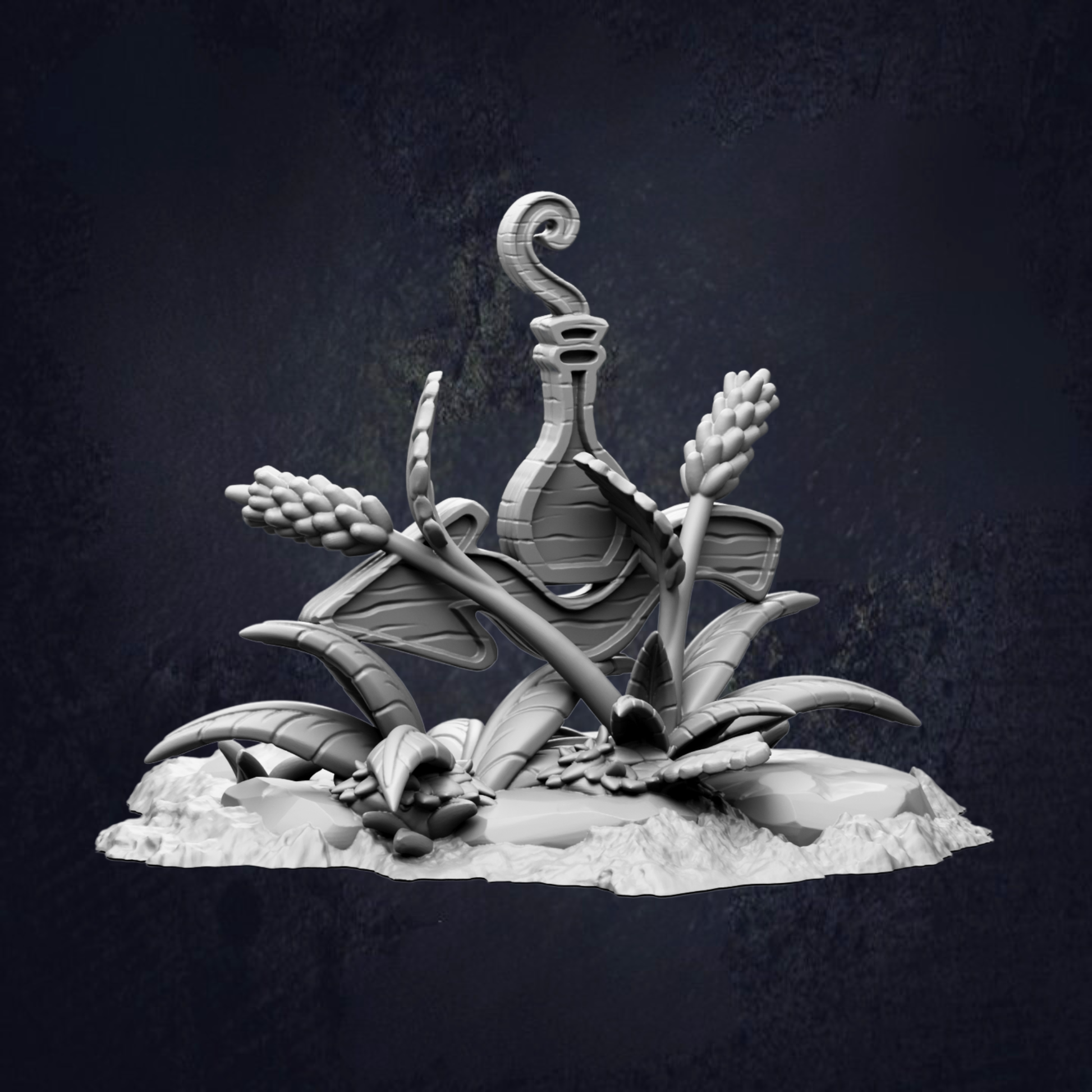 A black and white image depicting a stylized, abstract sculpture with various organic shapes and forms, including a bottle-like structure, against a dark background.