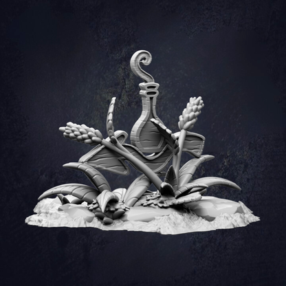 A black and white image depicting a stylized, abstract sculpture with various organic shapes and forms, including a bottle-like structure, against a dark background.