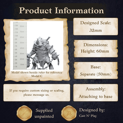 The image is a product information display featuring a model of a creature, likely a monster or dragon, with dimensions and a base size. It also includes information about customizing the model and attaching it to a base.