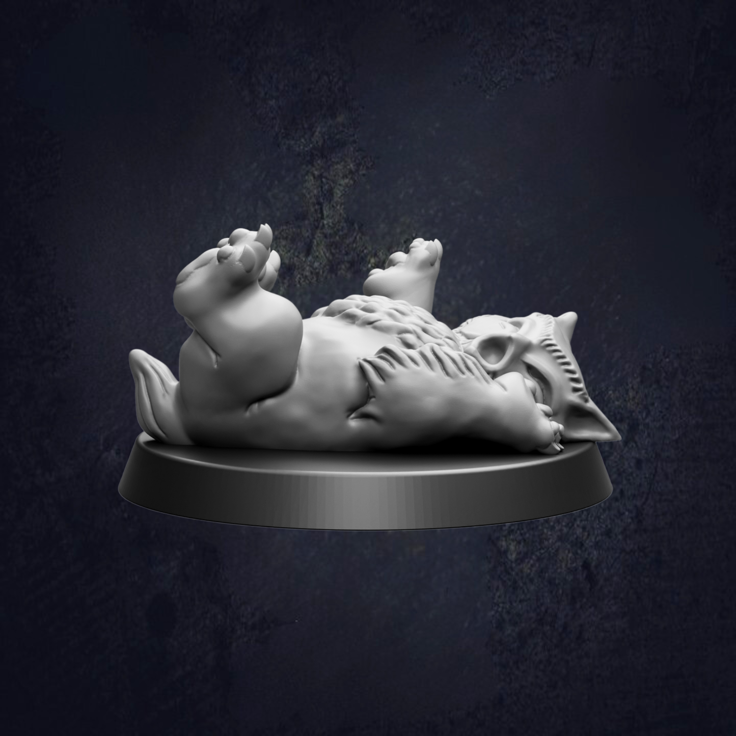 A white ceramic figurine of a cat lying on its back on a black base against a dark background.