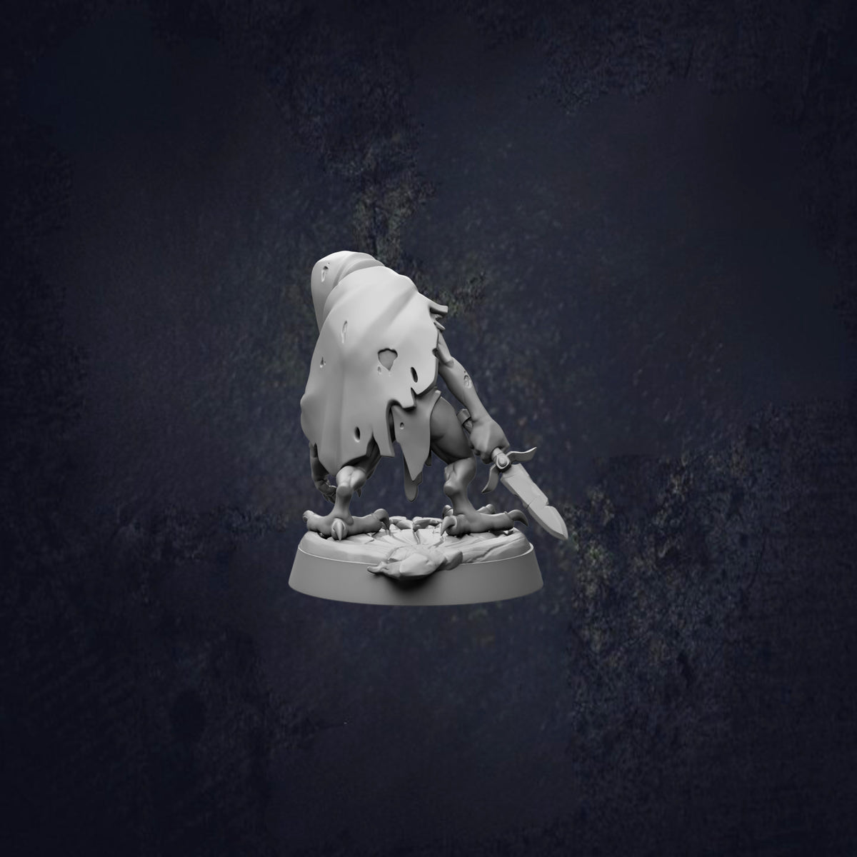 A 3D rendering of a small, furry creature with a long tail, standing on a base and holding a weapon.