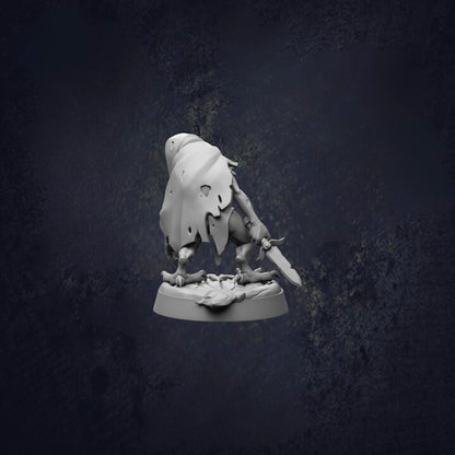 A 3D rendering of a small, furry creature with a long tail, standing on a base and holding a weapon.