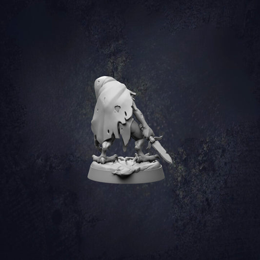 A 3D rendering of a small, furry creature with a long tail, standing on a base and holding a weapon.