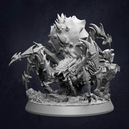 A detailed 3D model of a large, menacing-looking creature with sharp teeth and claws, surrounded by smaller creatures, set against a dark background.