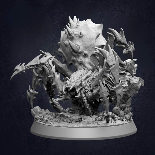 A detailed 3D model of a large, menacing-looking creature with sharp teeth and claws, surrounded by smaller creatures, set against a dark background.