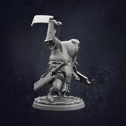 A 3D model of a character with a large sword and a pointed hat, standing on a platform against a dark background.