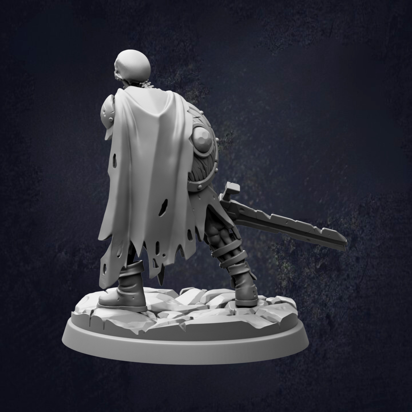 A 3D rendering of a warrior figure in a cape, standing on a rocky base and holding a sword.
