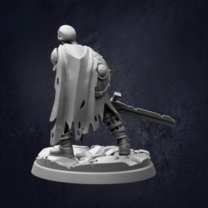 A 3D rendering of a warrior figure in a cape, standing on a rocky base and holding a sword.