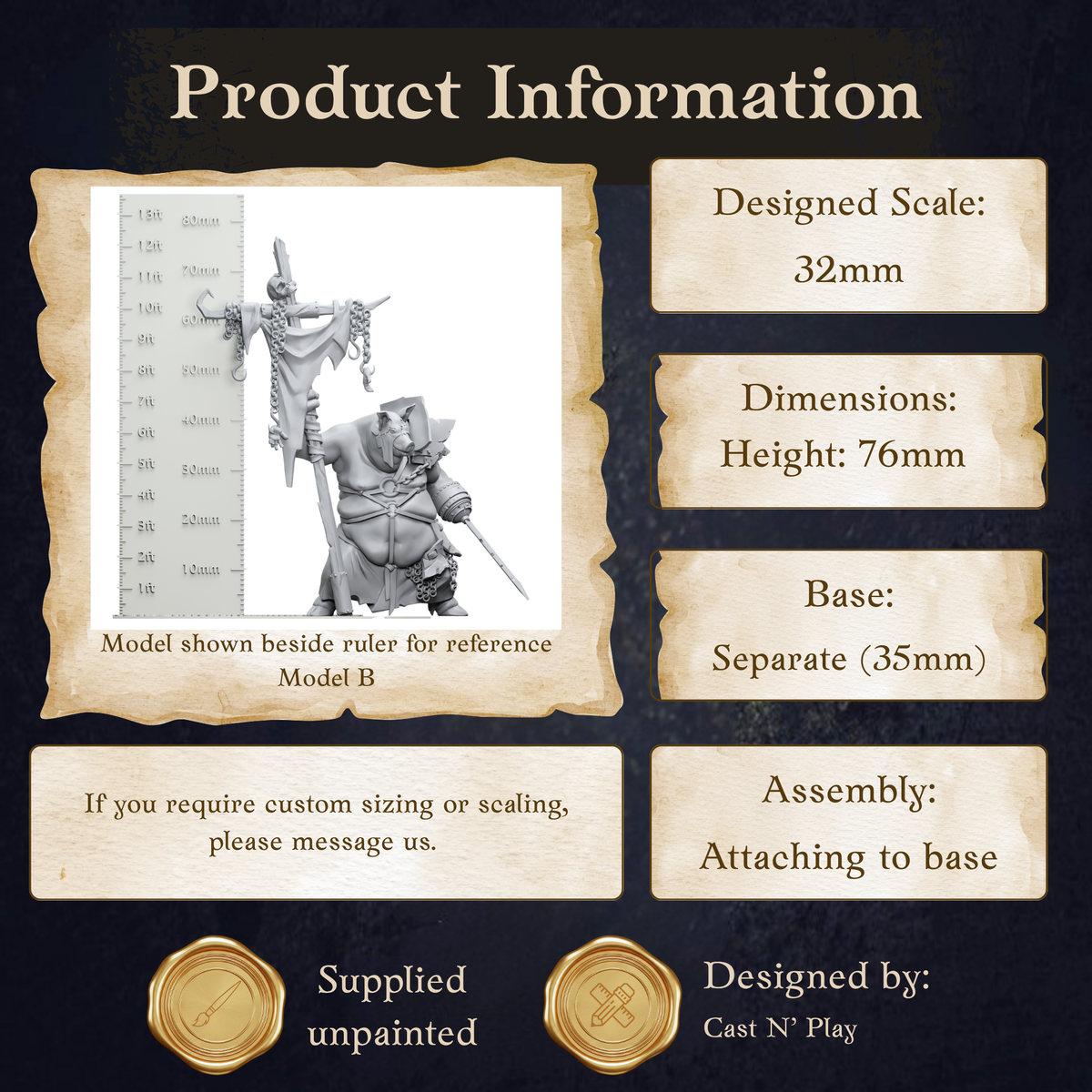 The image is a product information display featuring a model of a figurine, specifically Model B, with dimensions and specifications provided.