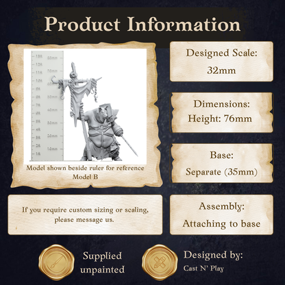 The image is a product information display featuring a model of a figurine, specifically Model B, with dimensions and specifications provided.