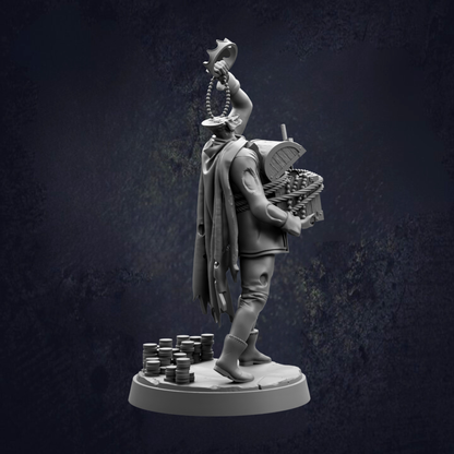 A statue of a person standing on a pedestal, holding a chain and a small object in their hand.