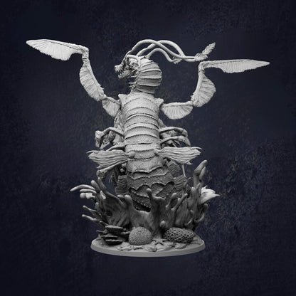 A detailed, intricate sculpture of a fantastical creature with wings, a long body, and a head, set against a dark background.