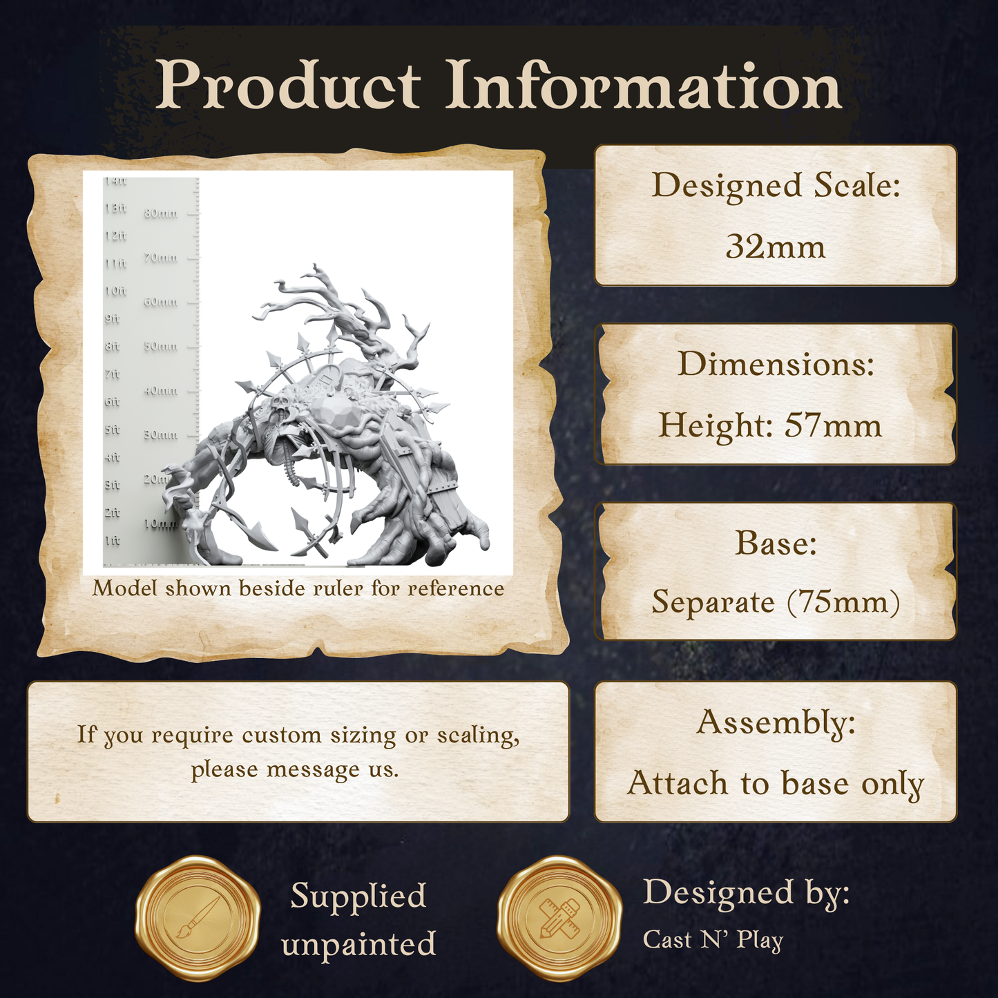 The image is a product information display featuring a model shown beside a ruler for reference. The model is designed to be used as a base for customizing the size or scaling. The display includes dimensions, assembly instructions, and information about the designer.