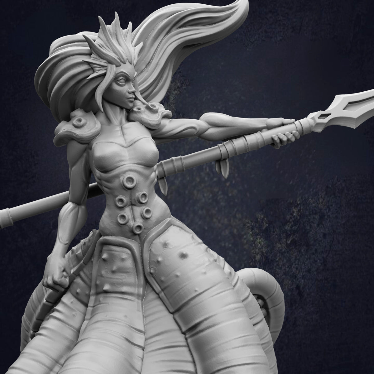 A detailed 3D rendering of a female character with a large, ornate weapon in her hand, set against a dark background.