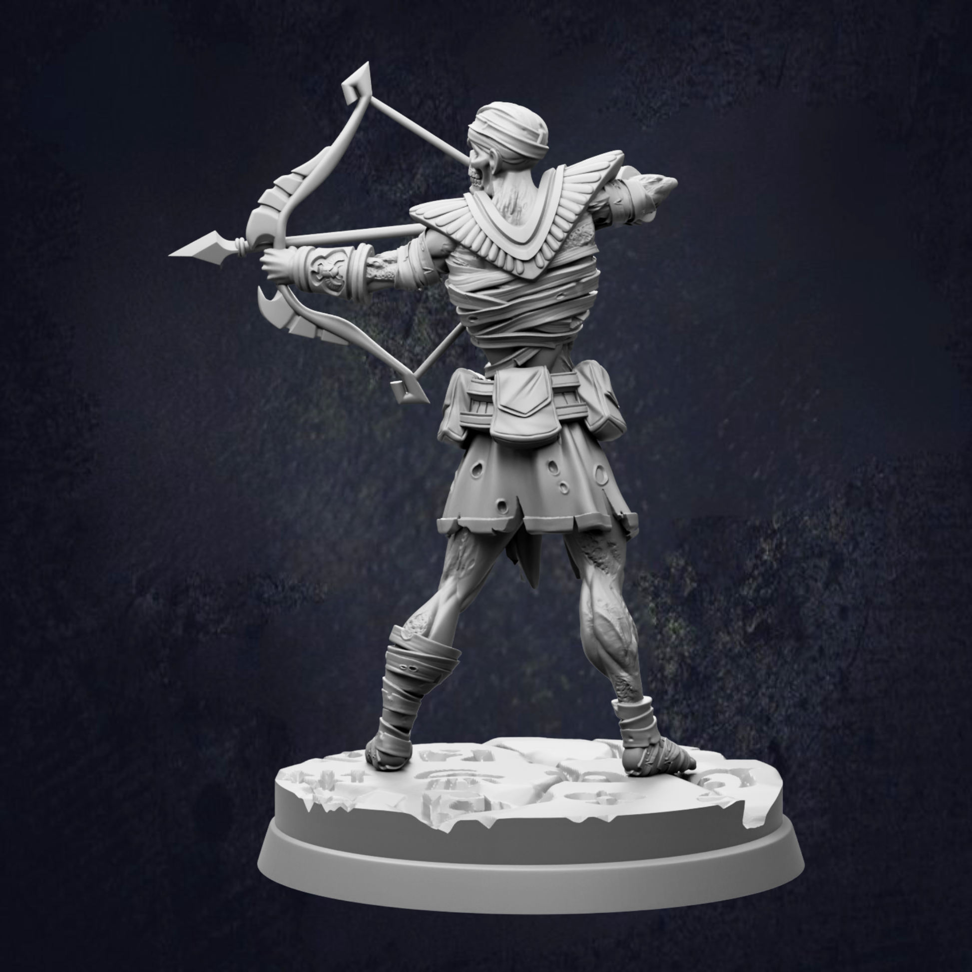 A 3D model of a warrior figure holding a bow and arrow, standing on a base.
