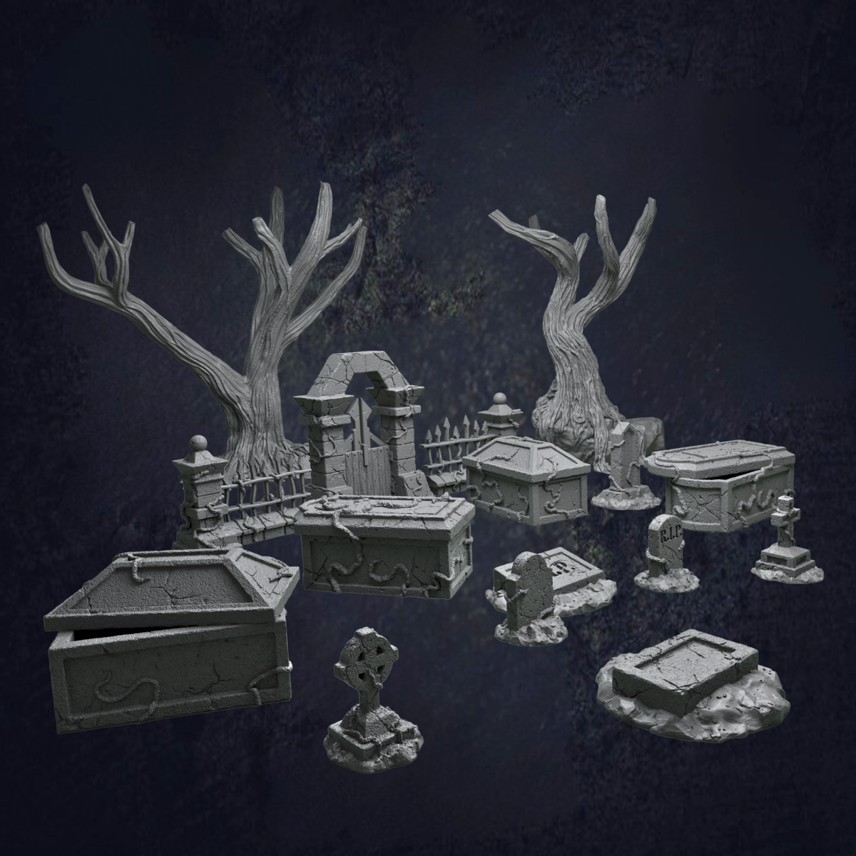 various dark, spooky-looking objects, including a twisted tree, a gate, and a casket, all set against a dark background.