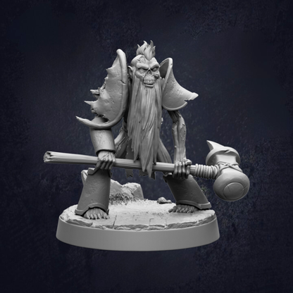 A detailed 3D model of a fantastical creature with a long beard and a large hammer, standing on a rock formation against a dark background.