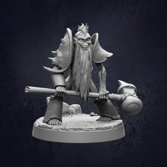 A detailed 3D model of a fantastical creature with a long beard and a large hammer, standing on a rock formation against a dark background.