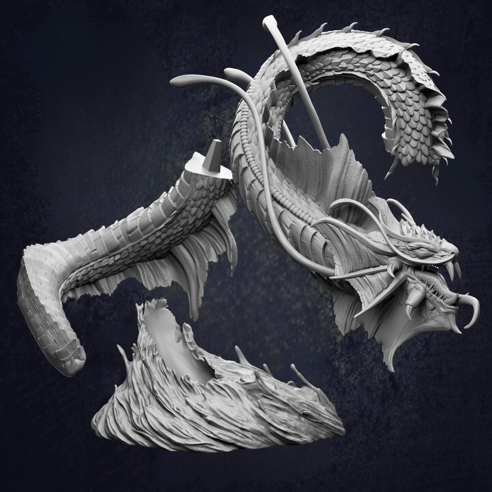 A detailed 3D rendering of a fantastical creature, possibly a dragon or serpent, with intricate scales and a long, coiled body. The creature appears to be in motion, with its head and tail prominently featured. The background is dark, which contrasts with the creature and makes it stand out. The image does not contain any text or other discernible objects, and the creature is the sole focus of the image.