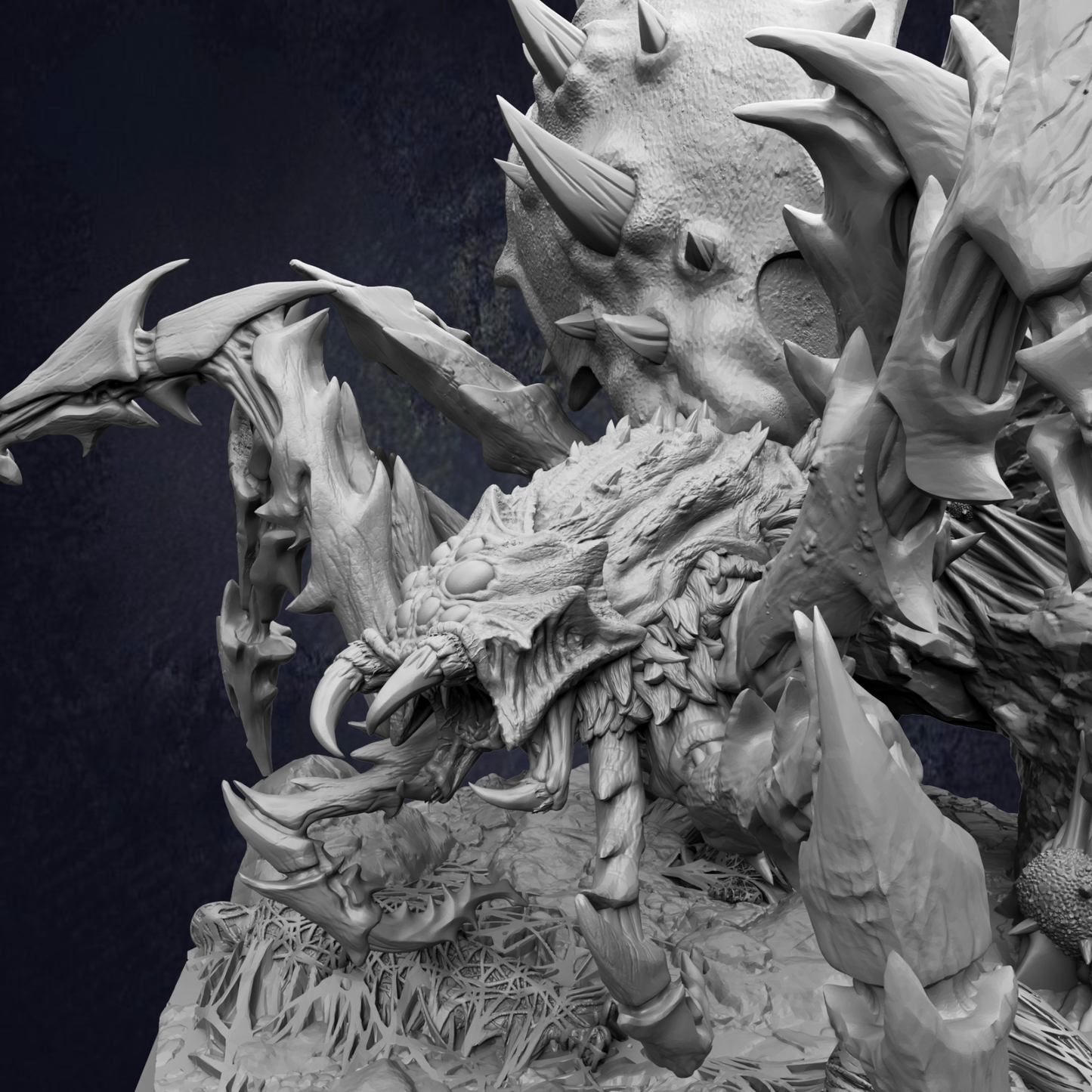A detailed, intricate, and realistic 3D model of a large, menacing-looking creature with sharp teeth and claws, set against a dark background.