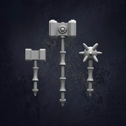 three 3D-rendered weapons, including a hammer, a spear, and a spikes, against a dark background.