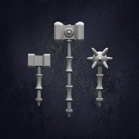three 3D-rendered weapons, including a hammer, a spear, and a spikes, against a dark background.