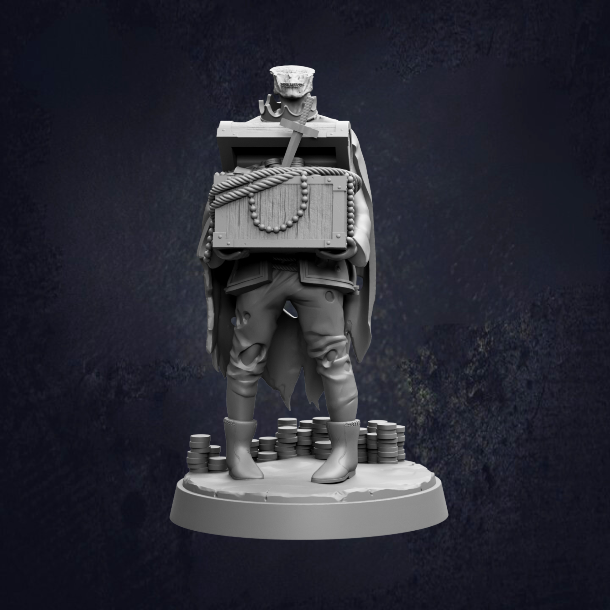 A 3D model of a pirate figure holding a chest, standing on a base with stacks of gold coins.