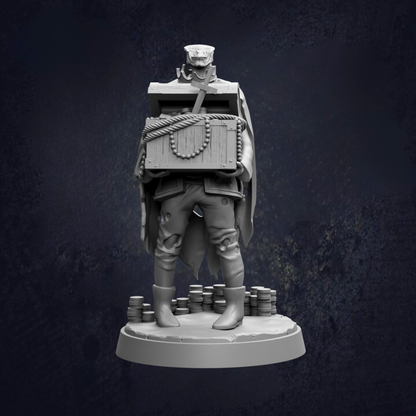A 3D model of a pirate figure holding a chest, standing on a base with stacks of gold coins.